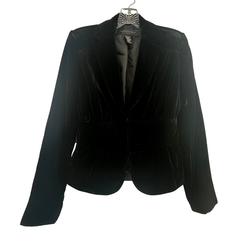 Apostrophe Womens Black Velvet Blazer Hook Eye Cinched Waist Jacket Size 2